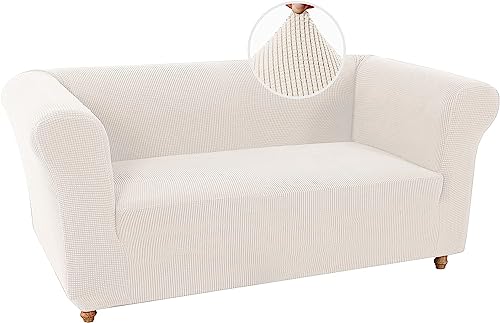 LINGKY Stretch Chesterfield Sofabezug 2 Sitzer Sofahusse mit Armlehne Spandex Jacquard Sofa Überwürfe rutschfest Sofa Überzug Waschbare Sofabezug für Haustiere (Elfenbein,2 Sitzer) von LINGKY