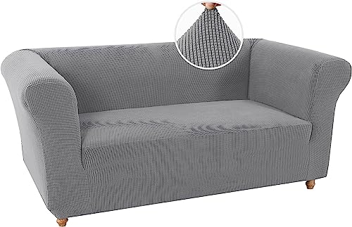 LINGKY Stretch Chesterfield Sofabezug 2 Sitzer Sofahusse mit Armlehne Spandex Jacquard Sofa Überwürfe rutschfest Sofa Überzug Waschbare Sofabezug für Haustiere (Hellgrau,2 Sitzer) von LINGKY