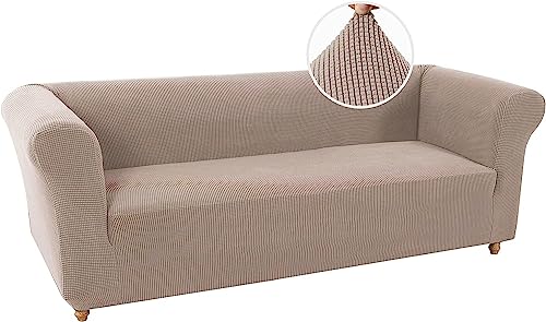 LINGKY Stretch Chesterfield Sofabezug 3 Sitzer Sofahusse mit Armlehne Spandex Jacquard Sofa Überwürfe rutschfest Sofa Überzug Waschbare Sofabezug für Haustiere (Sand,3 Sitzer) von LINGKY