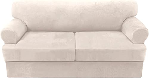 LINGKY Super Stretch Sofabezug mit Separaten T-Sitzkissenbezug, Luxus Samt Ultraweicher Couchbezug Waschbarer Sofa Überwürfe Möbelschutz mit elastischem Unterseite (Elfenbein,2 Kissen Sofa) von LINGKY