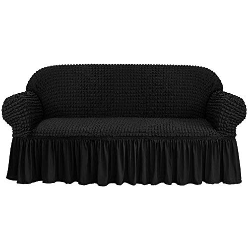 LINGKY Universelle Sofabezüge, Polyester-Spandex-Gewebe 1 2 3 4-Sitzer-Schonbezug-Sofabezüge, Elastischer Sofabezug, Mit Extra Großem Rock (Schwarz,4 Sitzer/Sofa) von LINGKY