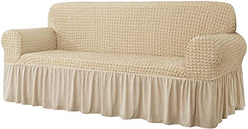 LINGKY Universelle Sofabezüge, Polyester-Spandex-Stoff 1 2 3 4-Sitzer-Bezugsbezüge, elastischer, vollständig bezogener Sofabezug mit extra großem Rock (Khaki,3 Sitzer/Sofa) von LINGKY