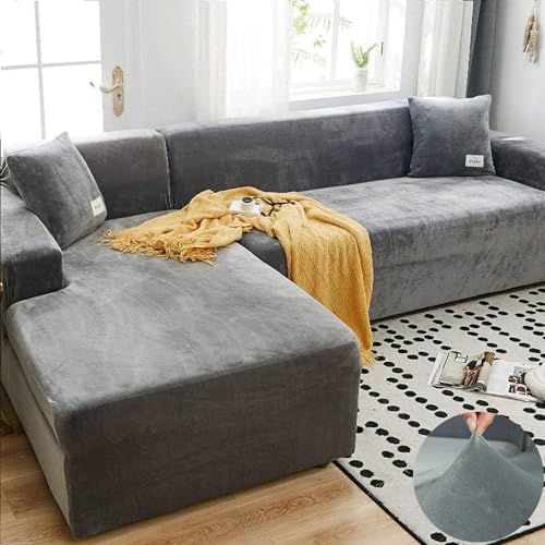 LINGKY Sofabezug Ecksofa L Form Stretch Samt Sofa Überzug Universal Couchbezug Für 1/2/3/4 Sitzer Waschbar Sofa Überwürfe (L Form Ecksofa Erfordert Zwei) - Sofabezug 3 Sitzer, Hellgrau von LINGKY