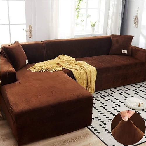 LINGKY Sofabezug Ecksofa L Form Stretch Samt Sofa Überzug Universal Couchbezug Für 1/2/3/4 Sitzer Waschbar Sofa Überwürfe (L Form Ecksofa Erfordert Zwei) - Sofabezug 2 Sitzer, Kaffee von LINGKY