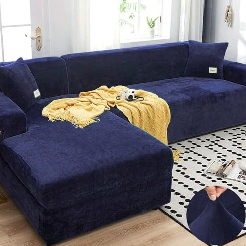 LINGKY Velvet Plüsch Schonbezug Sofa, rutschfeste Stretch Sofabezug Schonbezug Soft Thick Sofa Protector Für L-förmige Schnittcouch (Navy blau,4 Seater(230-300cm)) von LINGKY
