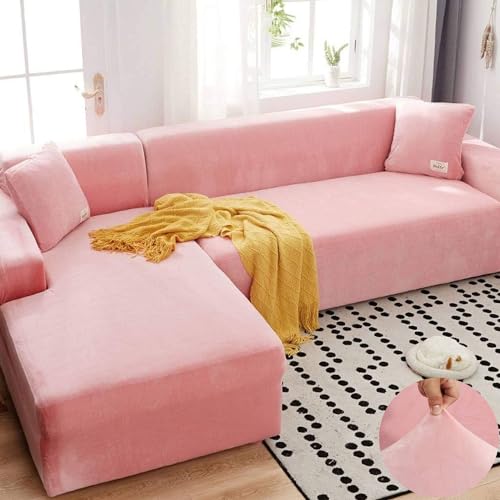 LINGKY Sofabezug Ecksofa L Form Stretch Samt Sofa Überzug Universal Couchbezug Für 1/2/3/4 Sitzer Waschbar Sofa Überwürfe (L Form Ecksofa Erfordert Zwei) - Sofabezug 2 Sitzer, Rosa von LINGKY