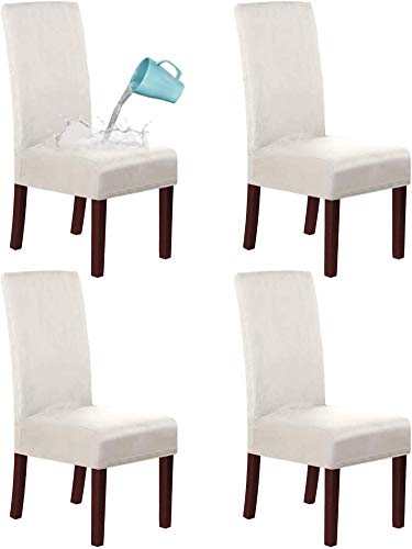LINGKY Wildleder Esszimmer Stuhlhussen Esszimmerstuhl Schonbezug Samt Stuhlhussen Für Esszimmer, Wasserabweisend Soft Stretch Abnehmbare Stuhllehne Mit Hoher Rückenlehne (Elfenbein,Set of 4) von LINGKY