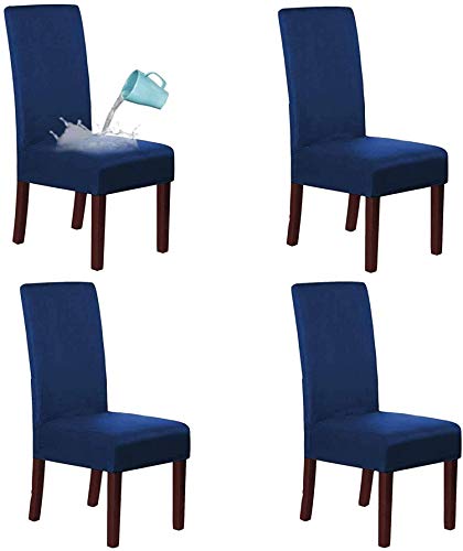 LINGKY Wildleder Esszimmer Stuhlhussen Esszimmerstuhl Schonbezug Samt Stuhlhussen Für Esszimmer, Wasserabweisend Soft Stretch Abnehmbare Stuhllehne Mit Hoher Rückenlehne (Navy blau,Set of 4) von LINGKY