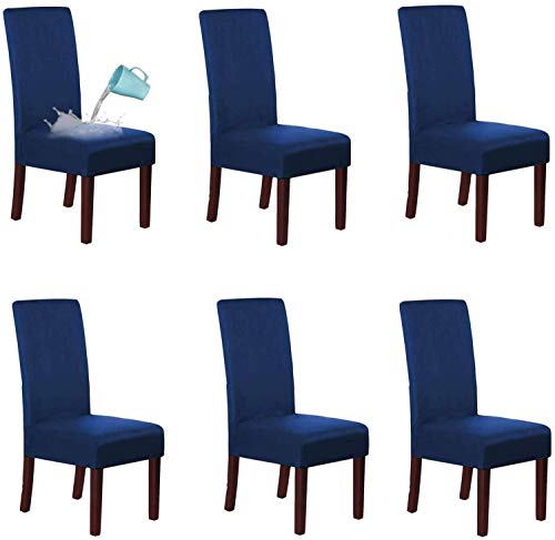 LINGKY Wildleder Esszimmer Stuhlhussen Esszimmerstuhl Schonbezug Samt Stuhlhussen Für Esszimmer, Wasserabweisend Soft Stretch Abnehmbare Stuhllehne Mit Hoher Rückenlehne (Navy blau,Set of 6) von LINGKY