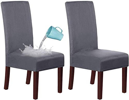 LINGKY Wildleder Esszimmer Stuhlhussen Esszimmerstuhl Schonbezug Samt Stuhlhussen Für Esszimmer, Wasserabweisend Soft Stretch Abnehmbare Stuhllehne Mit Hoher Rückenlehne (Stahlgrau,Set of 2) von LINGKY