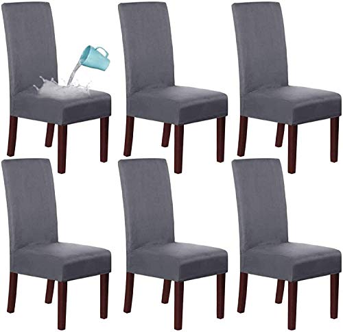 LINGKY Wildleder Esszimmer Stuhlhussen Esszimmerstuhl Schonbezug Samt Stuhlhussen Für Esszimmer, Wasserabweisend Soft Stretch Abnehmbare Stuhllehne Mit Hoher Rückenlehne (Stahlgrau,Set of 6) von LINGKY