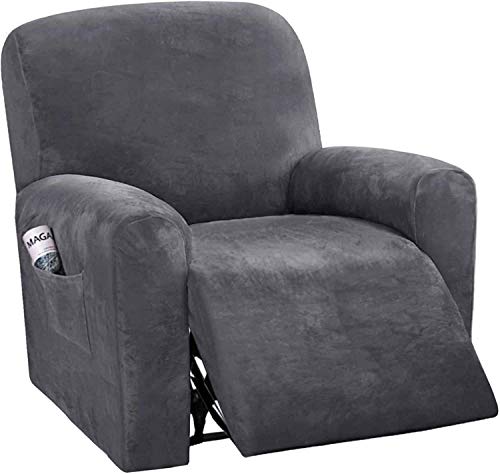 Recliner Schonbezüge Recliner Cover Sofa Slipcover Sofabezug 4-teilige Möbelschutz Couch Rich Velvet Plüsch Form Fit Stretch Stylish Soft Mit Elastischem Boden (Grau) von LINGKY