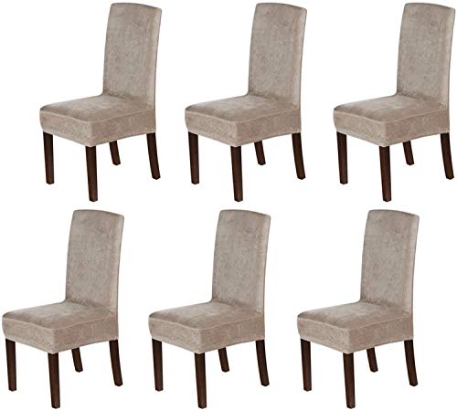 LINGKY Stuhlhussen 6er Set, Stuhlhussen für Esszimmerstühle, Stretch Samt Stuhlschoner Abnehmbarer Waschbarer, Stuhlbezug Universal für Esszimmer, Hotel, Bankett, Partys Deko (Taupe,Set of 6) von LINGKY