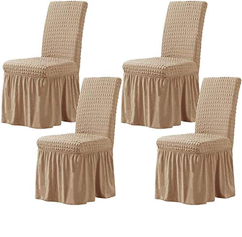 Stretchy Esszimmer Stuhlhussen Mit Langem Rock, Abnehmbare Waschbare Universal Anti-Dirty Möbel Schonbezüge Für Home Kitchen Party (Dark Khaki,Set of 4) von LINGKY