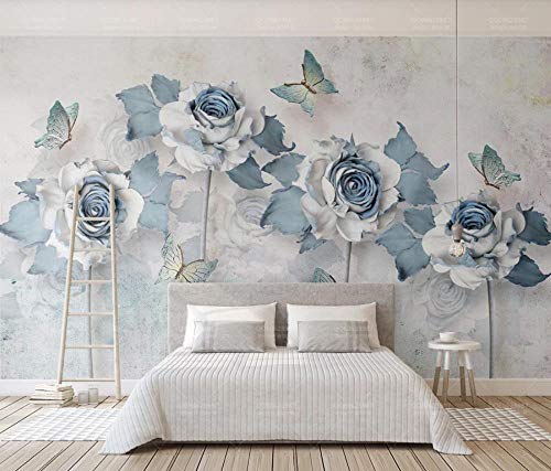 Fototapete 3D Tapete Hellblaue Blumen, Schmetterling, Modern Tapeten Vliestapete 3D Effekt Wandbild Wanddeko Wandtapete von LINGMural