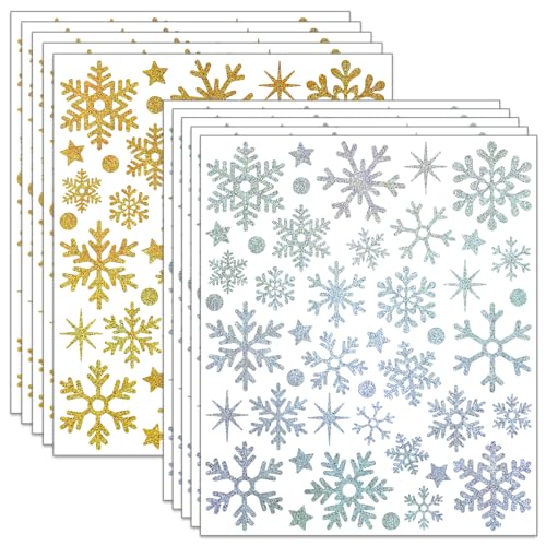 10 Blätter Glitzer Schneeflocke Aufkleber, 440 Stück Schneeflocke Deko Aufkleber, Selbstklebende Wasserfester Weihnachten Sticker für Geschenk Dekoration, Umschlag,Weihnachten Winter Dekorationen von LINGYUEDUO