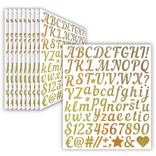 10 Blätter Glitzer Selbstklebende Buchstaben Aufkleber, 880 Stücke Wetterfeste Vinyl Alphabet Nummern Sticker (2.5 cm), Klebebuchstaben für DIY Scrapbooking, Postfach, Grußkartendekoration (Gold) von LINGYUEDUO