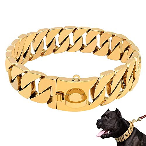 LINGYUN Goldkette Hundehalsband Hochleistungs-Choke Kubanische Hundekette für Große Hunde, 30 Mm Breite, Hundehalsband, Starke Stahlmetallglieder für Große Rassen,Gold,45CM/17.5in von LINGYUN