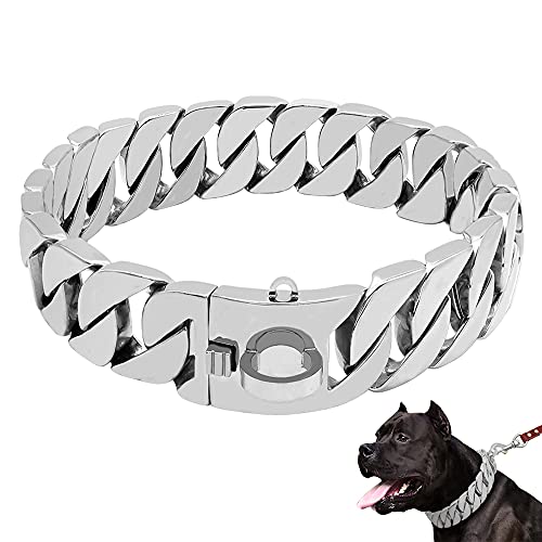 LINGYUN Goldkette Hundehalsband Hochleistungs-Choke Kubanische Hundekette für Große Hunde, 30 Mm Breite, Hundehalsband, Starke Stahlmetallglieder für Große Rassen,Silber,45CM/17.5in von LINGYUN