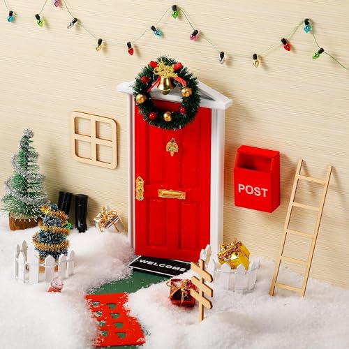 LINISME Weihnachtswichtel Tür Set, Miniatur Elfentür Wichtelhaus Weihnachtsdeko, Mini Haus Ornament Miniaturen, Miniatur Holztür Öllampe Teppichdecke Gummistiefel Leiter, Kranz Briefkästen (21Pcs) von LINISME