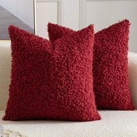 2er-Set dekorative Kissenbezüge aus Kunstfell, Sherpa, weich, flauschig, Schaffell, für Couch, Sofa, Bett, Wohnzimmer, 45,7 x 45,7 cm, Rot von LINJOU