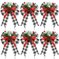 6er-Pack Weihnachtsschleifen mit Tannenzapfen, karierte Weihnachtsschleifen, schwarz-weißes Band, Weihnachtsbaumkranz-Dekoration für 6er-Pack Weihnachtsschleifen mit Tannenzapfen, karierte Weihnachtsschleifen, schwarz-weißes Band, Weihnachtsbaumkranz-Dekoration für von LINJOU