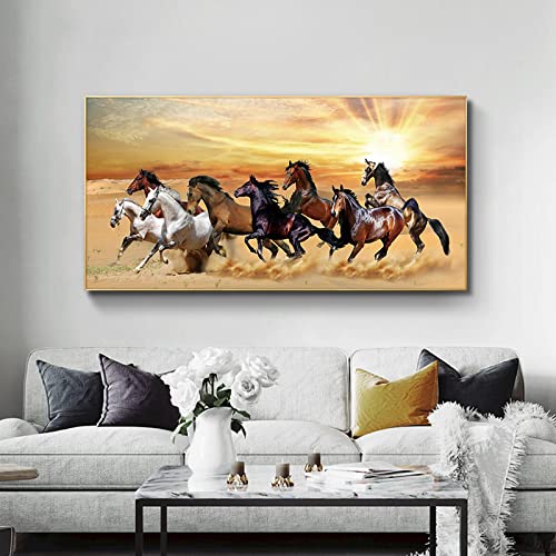 Acht Pferd Wilde Tiere Sonnenuntergang Leinwand Gemälde Kunst Poster und Drucke Skandinavien Große Wandkunst Bilder für Büro Dekor 80x160cm rahmenlos von LINKGIN Home