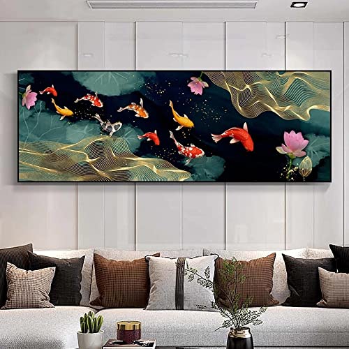 Chinesischer Stil Koi Neun Fisch Feng Shui Karpfen Leinwand Gemälde Goldfisch Lotus Teich Poster Wand Kunst Bild für Schlafzimmer Dekor 60x180cm rahmenlos von LINKGIN Home