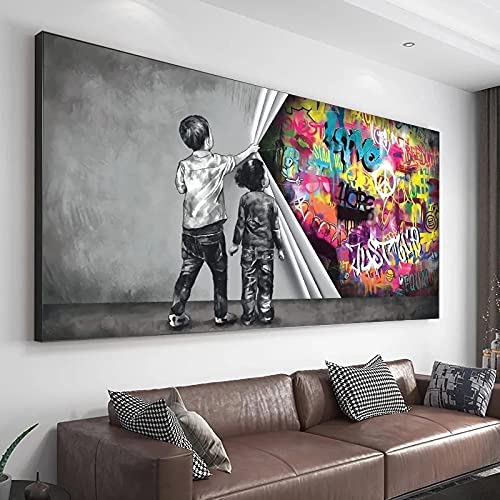 LINKGIN Home Hoom Decor Ready to Hang Graffiti Kind Wandmalereien Banksy Wall Art Canvas Poster Boy Behind the Curtain Pictures 50x100cm Innerframe von LINKGIN Home