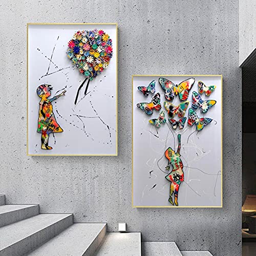 LINKGIN Home Kunstdrucke Abstrakter Schmetterling und Blumenmädchen Bunte Wandposter Bilder auf Leinwand Malerei für Treppenhaus Raumdekoration 75x50cmx2pcs rahmenlos von LINKGIN Home