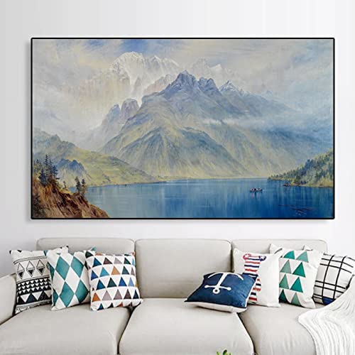 LINKGIN Home Vintage Landschaft Poster Öl Gemälde Berg Baum Drucke See Leinwand Gemälde Sonnenschein Wald Bilder für Schlafzimmer Dekor 80x120cm rahmenlos von LINKGIN Home