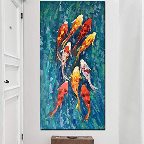 Moderne Luxus Kunst Bild HD Print Chinesisch Abstrakt Neun Koi Fisch Landschaft Gemälde auf Leinwand Poster Großformat Gang Dekor 120x60cm rahmenlos von LINKGIN Home