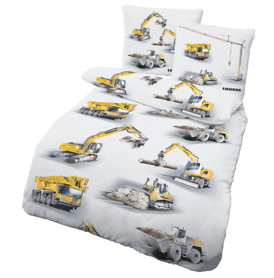 Kinderbettwäsche Sommer Bettwäsche 135x200 + 80x80 cm 2tlg. LIEBHERR Bagger, LINKHOFF, Baustellenmotive - Renforce Bettwäsche-Set, Bügelfrei von LINKHOFF