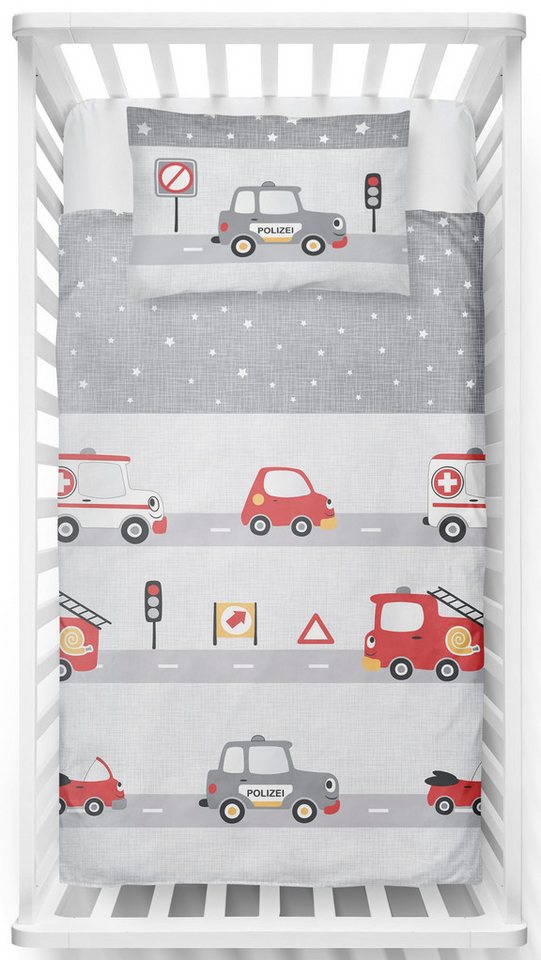 LINKHOFF Babybettwäsche Kinderbettwäsche 100x135cm Polizei-Feuerwehr Rot/Silber Baumwolle, Bettwäsche für Kinder, Reißverschluss, 40x60cm Kissen, Babybett von LINKHOFF