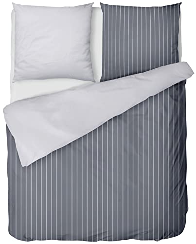 LINKHOFF Biber Bettwäsche 155x220 2tlg. - Wendebettwäsche-Set Grau Anthrazit Unifarben - Nadel-Streifen Muster - 100% Baumwolle - 1x Bettbezug 155x220 + 1x Kissenbezug 80x80 von LINKHOFF