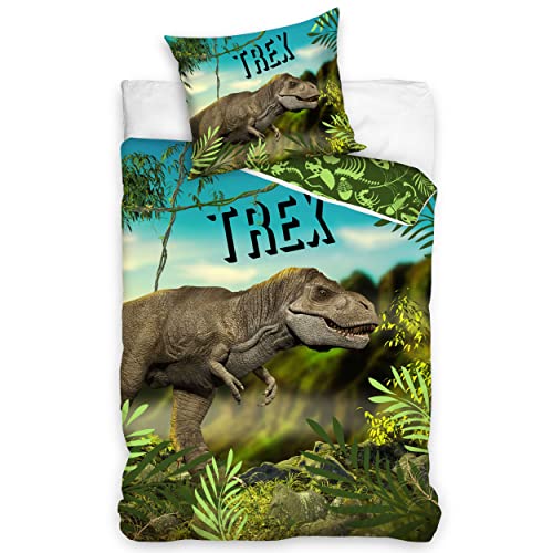 LINKHOFF Dino Bettwäsche 135x200 + Kissenbezug 80x80 - Trex Dinosaurier Bettwäsche Jungen - 100% Baumwolle Kinder-Bettwäsche für Jungs von LINKHOFF