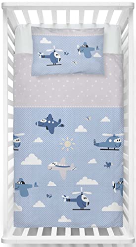 LINKHOFF Fein-Biber Babybettwäsche Set 100 x 135 Jungen | Kinderbettwäsche 100x135 in Blau mit Flugzeuge | Kuschelige Winter Bettwäsche für Babys aus 100% Baumwolle von LINKHOFF
