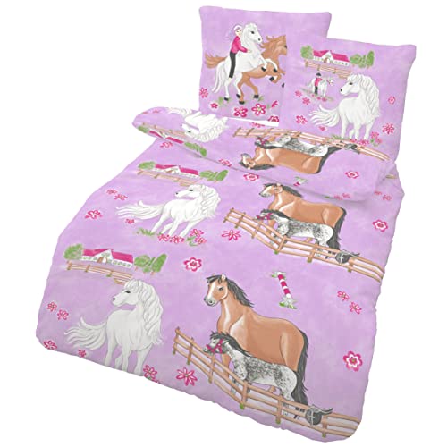 LINKHOFF Pferde Bettwäsche Set 135x200 für Mädchen Kinder Rosa - Pferd Pony Kinderbettwäsche - Renforce Baumwolle - Kissen 80x80 + Bettbezug von LINKHOFF