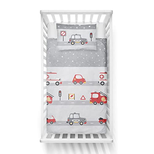 LINKHOFF Polizei Kinderbettwäsche 100x135 - Baby Bettwäsche Set Feuerwehr Grau Rot - 100% Baumwolle Babybettwäsche 135x100 mit Kissen 40x60 - Babybett Kinderbettwäsche 100x135 Jungen von LINKHOFF