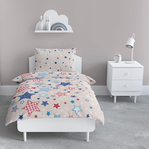 LINKHOFF Sterne Babybettwäsche 100 x 135 | Winter Flanell Kinderbettwäsche 135x100 Beige Blau | Fein-Biber Bettwäsche für Kinder 100x135 / 40x60 Kissen von LINKHOFF