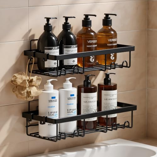 LINKINNO 2 Stück Duschablage Ohne Bohren, Langlebige Edelstahl Rostfreies Badezimmer Organizer Regal großer Kapazität schnell Trocknende Badregal Halterung mit 2 Haken für Shampoo Duschel, Schwarz LINKINNO 2 Stück Duschablage Ohne Bohren, Langlebige Edelstahl Rostfreies Badezimmer Organizer Regal großer Kapazität schnell Trocknende Badregal Halterung mit 2 Haken für Shampoo Duschel, Schwarz von LINKINNO