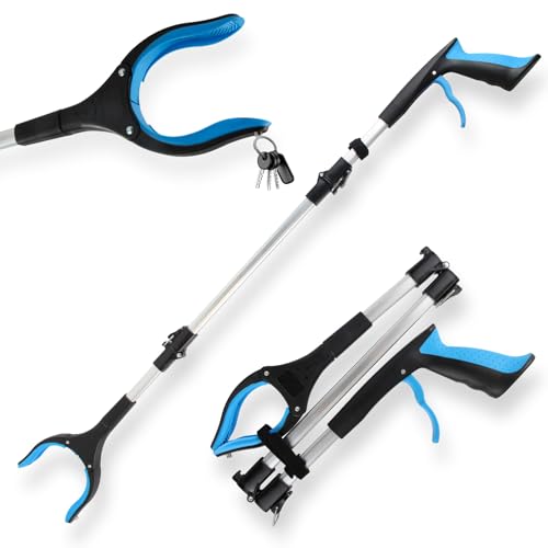 LINKINNO Faltbare Greifzange mit Magnet, Aluminium Müllzange Ergonomischer Greifer mit starkem Griff, Extra Langer Greifarm und 360° Drehkopf für Senioren(91cm, Blau) von LINKINNO
