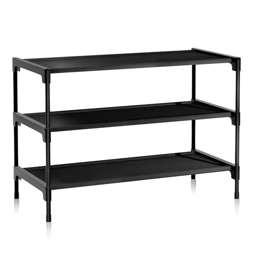 LINKINNO Schuhregal mit 3 Ebenen, Stapelbar Schuhregal aus Metall für 12 Paar Schuhe für Wohnzimmer, Flur, Schlafzimmer (70 x 30 x 45 cm, Schwarz) (Schwarz) von LINKINNO
