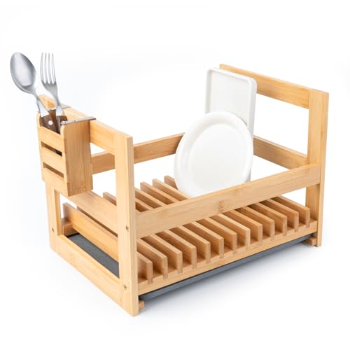 LINKLOOM Bambus-Abtropfgestell mit Utensilienhalter, Stein-Abtropfmatte, Holz-Abtropfgestell, funktionaler Küchenorganizer, Geschirrabtropfgestell von LINKLOOM