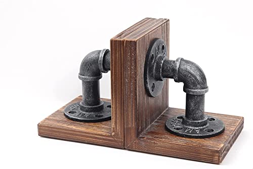 LINKPIPES Industril Stil Holz Bookends, Pipe Book End Robuste Bookends Halter für Bücher und Filme, 1 Paar (Schwarz-Grau) von LINKPIPES