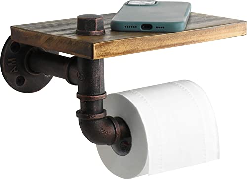 LINKPIPES Rustikale Toilettenpapier Halter Rohr mit Regal Industrielle Toilette Roll Halter Wand Mount Bauernhaus Holz Toilettenpapier Papierhalter für Badezimmer (Bronze) von LINKPIPES