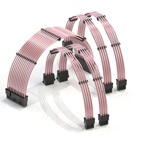 LINKUP - 30cm Netzteilkabelverlängerung 18AWG Sauerstofffreies Kupfer Teflonmantel Custom Mod GPU PC mit Kamm-Kit | 1x 24 P (20+4) | 2x 8 P (4+4) CPU | 2x 8 P (6+2) GPU Set | 300mm - Rosa von LINKUP