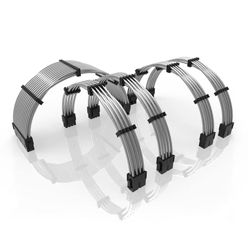 LINKUP - 30cm PSU Kabelverlängerung Ummantelt GPU Nach Maß PC Stromversorgung mit Kamm-Kit | 1x 24 P (20+4) | 2X 8 P (4+4) CPU | 2X 8 P (6+2) GPU Set | 300mm - Metallic-Silber von LINKUP