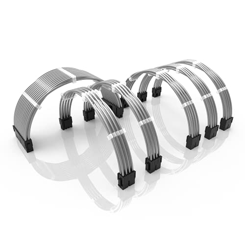 LINKUP - 30cm PSU Kabelverlängerung Ummantelt GPU Nach Maß PC Stromversorgung mit Kamm-Kit - Kompatibel mit RTX3090 | 1x 24 P (20+4) | 2x 8 P (4+4) CPU | 3x 8 P (6+2) GPU set | 300mm - Metallic-Silber von LINKUP
