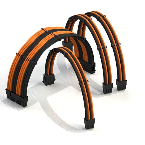 LINKUP - 30cm Superweiche und Flexible Netzteilkabel mit Verlängerungshülsen Custom Mod GPU PC Geflochten mit Kamm-Kit | 1x 24 P (20+4) | 1x 8 P (4+4) CPU | 2x 8 P (6+2) GPU Set | 300mm Orange Schwarz von LINKUP